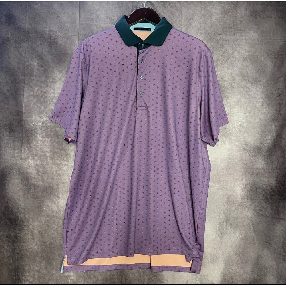 Greyson Mens XL Golf Polo Shirt Purple Orange Floral Print Performance Stretch